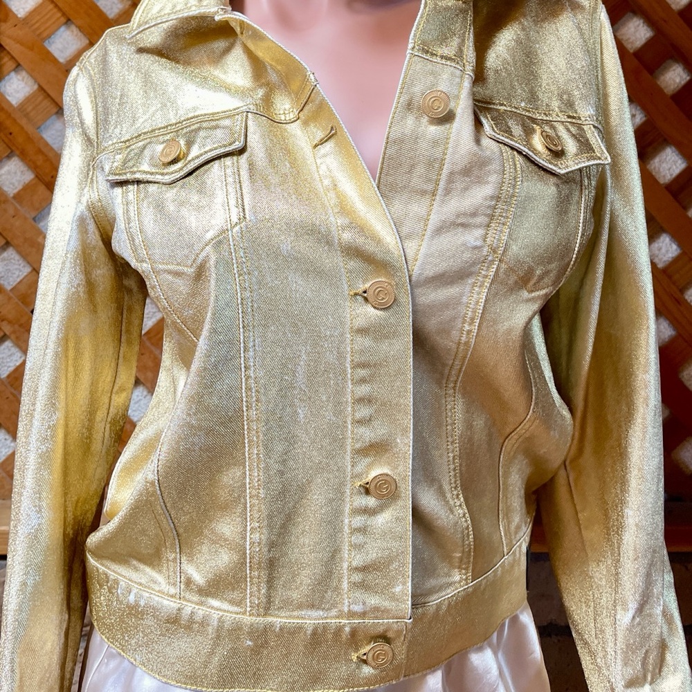 GUESS Unique GOLD Coated JEAN JACKET Size M As-Is New With Defects - Picture 14 of 16